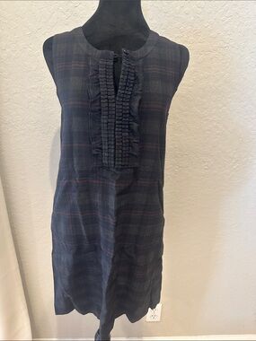 Theory Navy Plaid Sleeveless Ruffle-Front Dress
